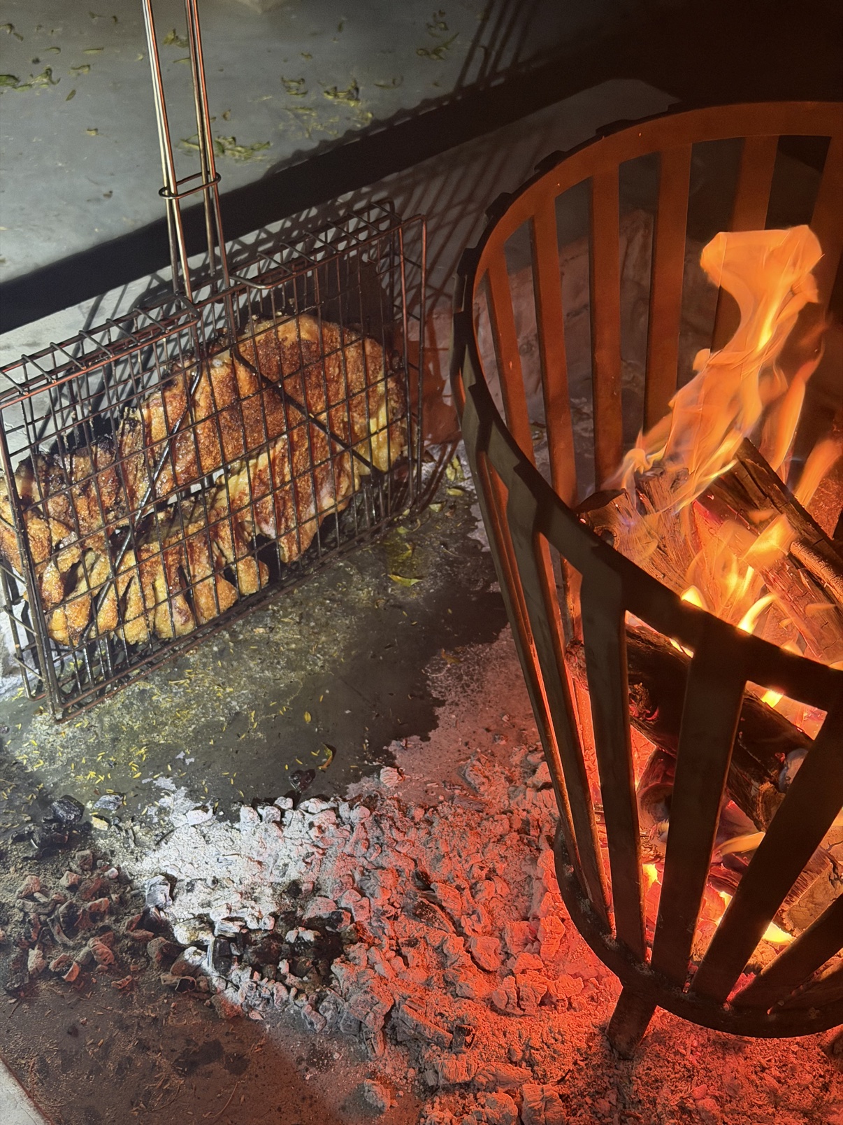 Meat grilling on a braai grid over glowing coals at Zania Farm